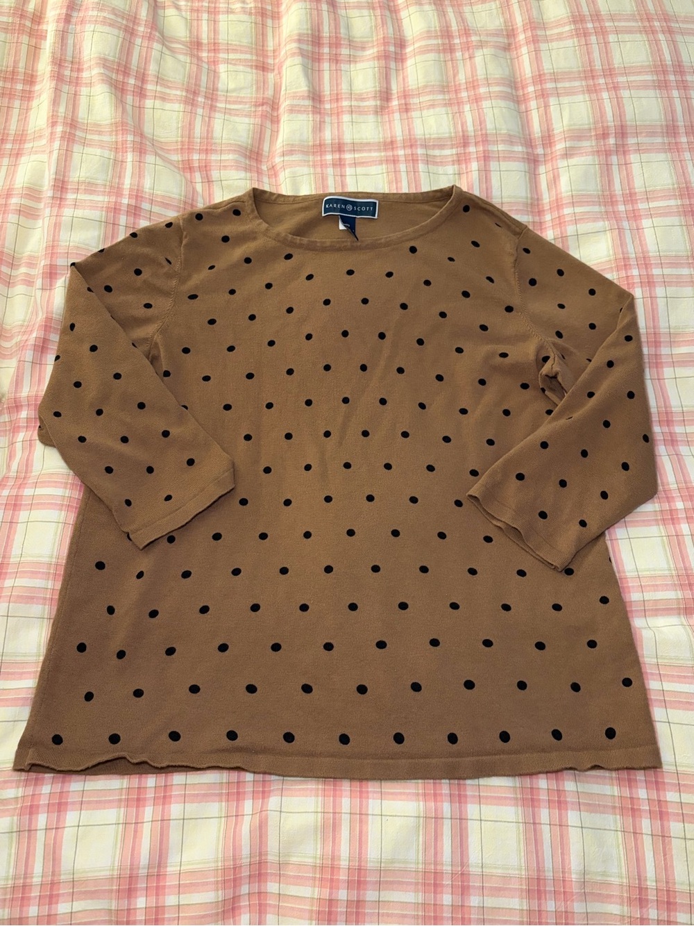 Karen Scott Brown 3/4 Sleeve Top with Polka Dots